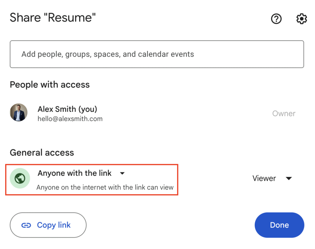 Configurações de compartilhamento do Google Docs com a opção