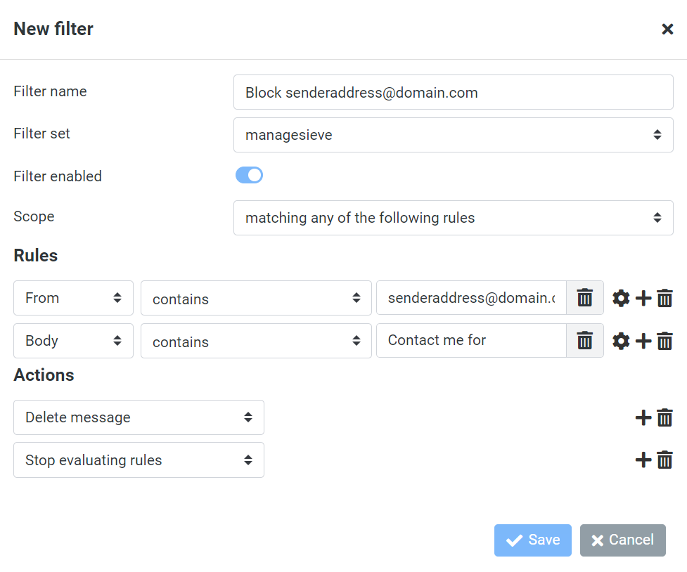 Configurando um novo filtro no webmail da Hostinger.