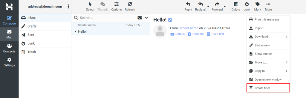 Webmail da Hostinger, destacando a op&ccedil;&atilde;o de criar um filtro.