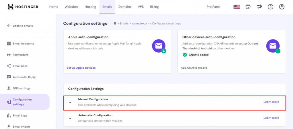 As configurações de configuração no menu E-mail do hPanel com a opção Configuração Manual destacada