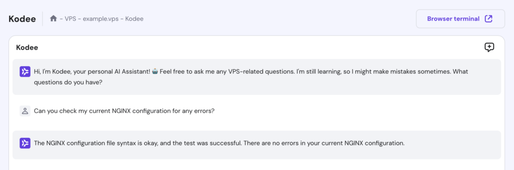 O assistente de IA Kodee responde a uma pergunta no VPS do hPanel.