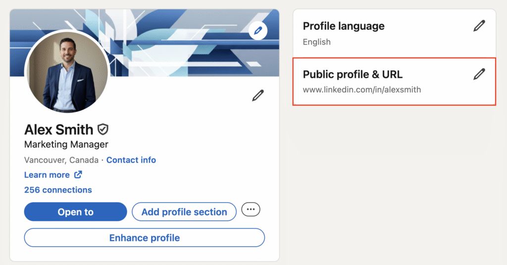 Configurações do perfil do LinkedIn com o URL do perfil público destacado