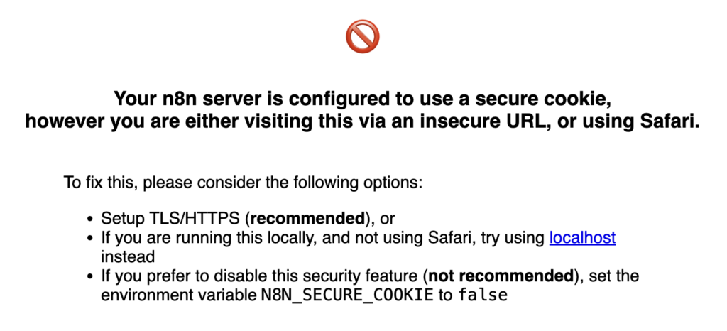 A mensagem de aviso de cookies seguros no n8n