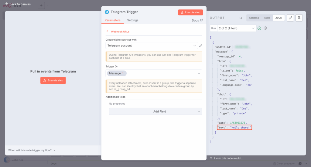 Os dados da mensagem na aba JSON do nó Telegram Trigger do n8n