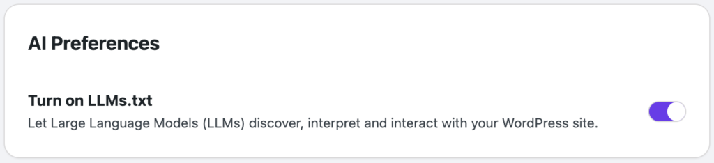 A opção para ativar/desativar o gerador de llms.txt no plugin Hostinger.