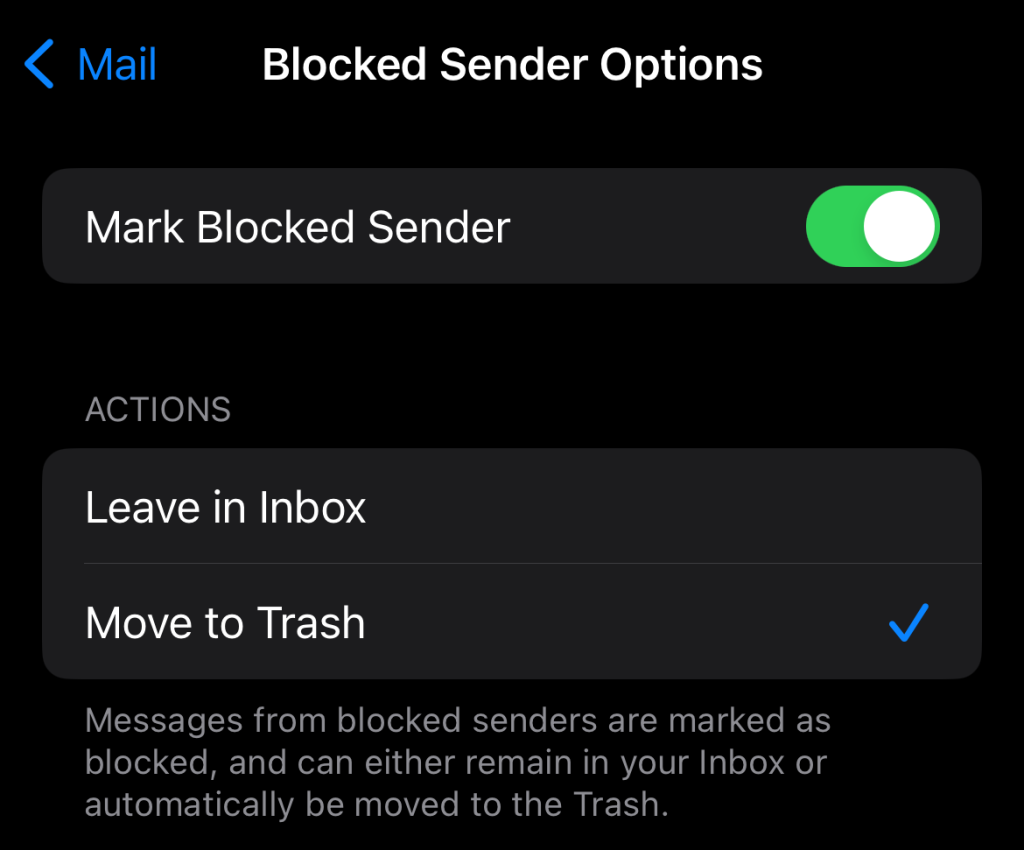 Op&ccedil;&otilde;es de remetente bloqueado no iOS