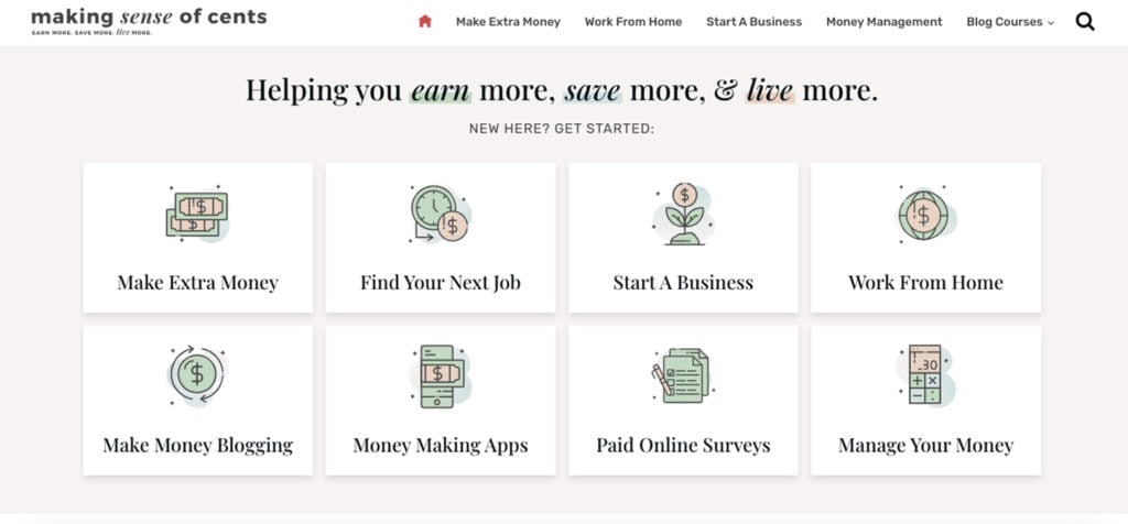 Página inicial do Making Sense of Cents com categorias de blog de finanças