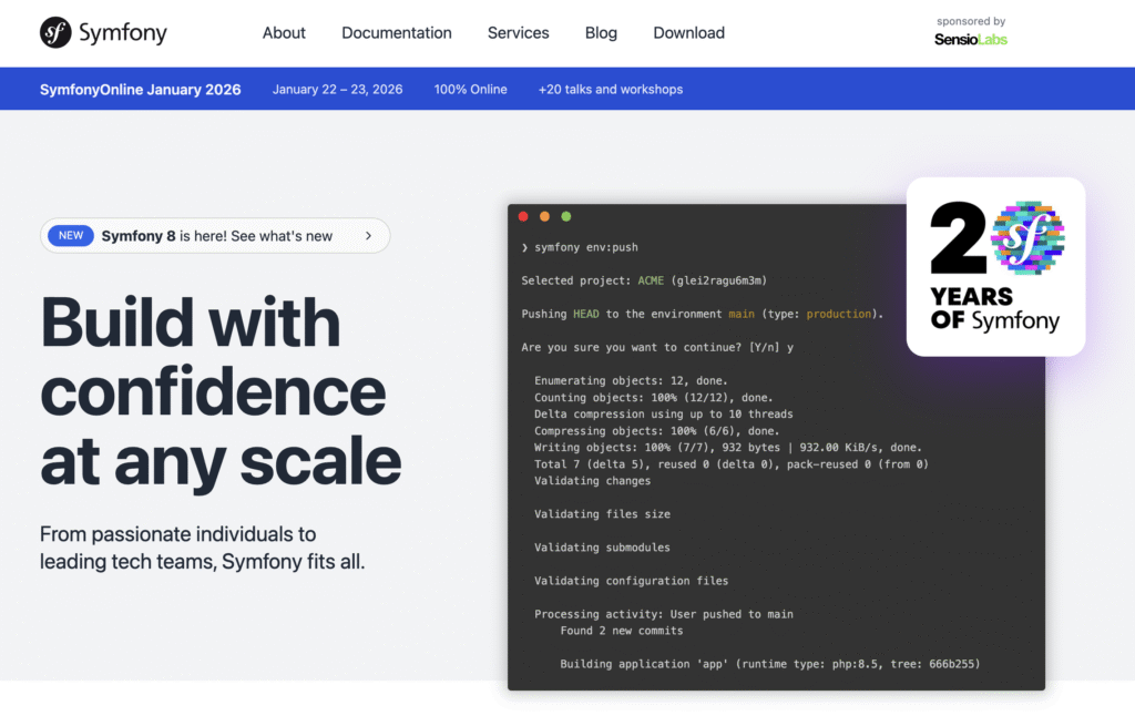 Página inicial oficial do Symfony