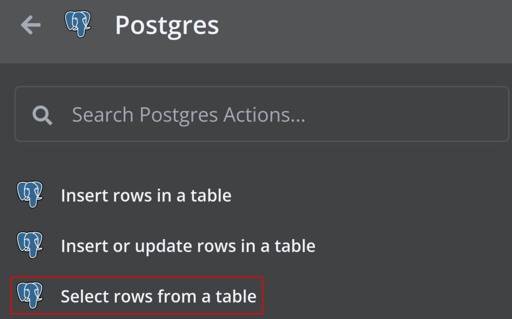 Menu de a&ccedil;&otilde;es do aplicativo n8n mostrando a&ccedil;&otilde;es do Postgres com 