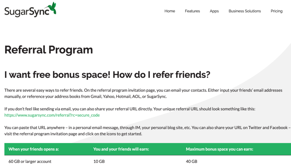 P&aacute;gina de perguntas frequentes do programa de refer&ecirc;ncia SugarSync