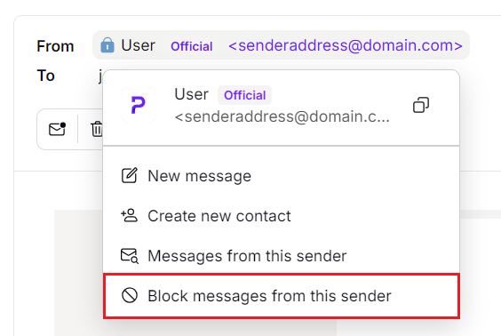 Pr&eacute;-visualiza&ccedil;&atilde;o de e-mail do Proton, destacando a op&ccedil;&atilde;o de bloqueio.