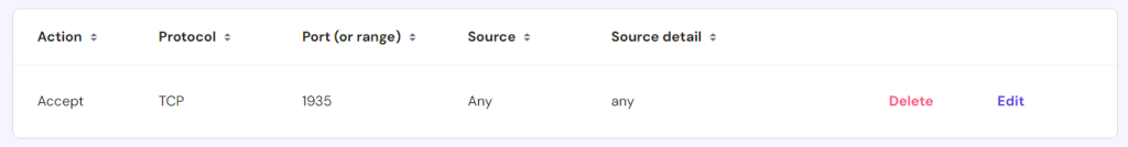 Configuração da lista de permissões de portas RTMP no menu de configuração do firewall hPanel.