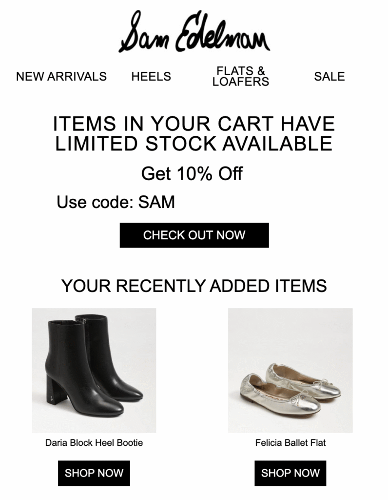 E-mail de recuperação do carrinho abandonado de Sam Edelman