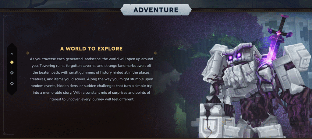 A seção Aventura na página do jogo no site do Hytale.