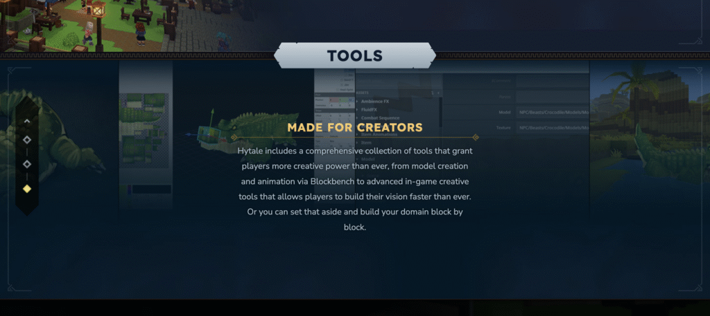 A seção Ferramentas na página do jogo no site do Hytale.