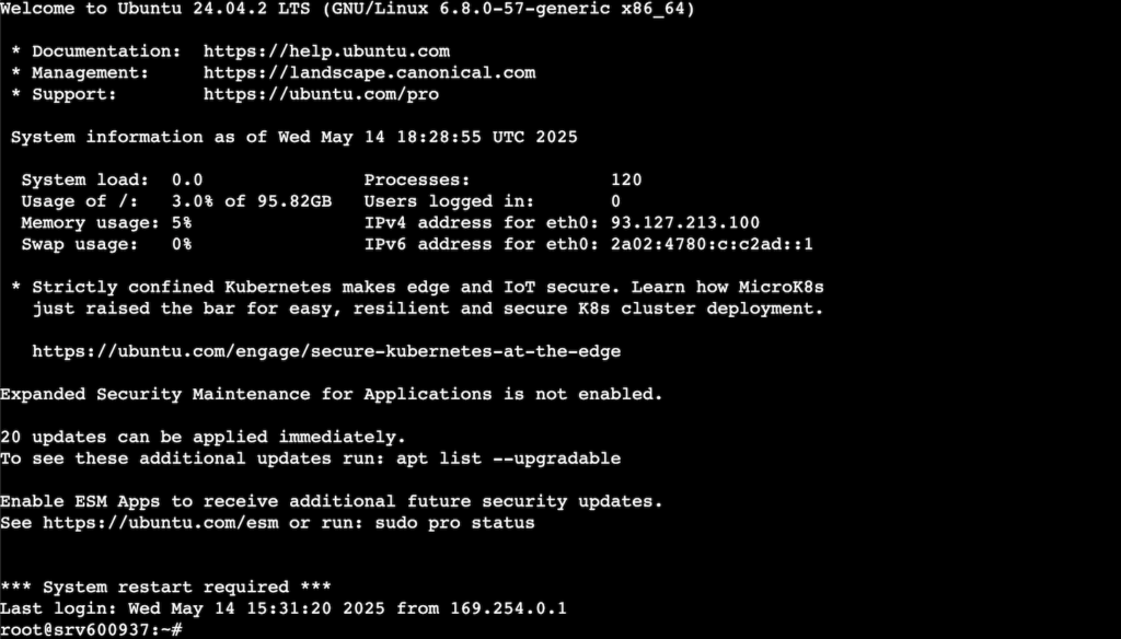 Imagem mostrando um terminal de servidor Ubuntu recém-configurado.