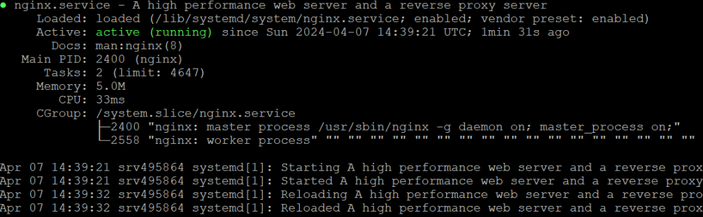 Status do NGINX no Terminal