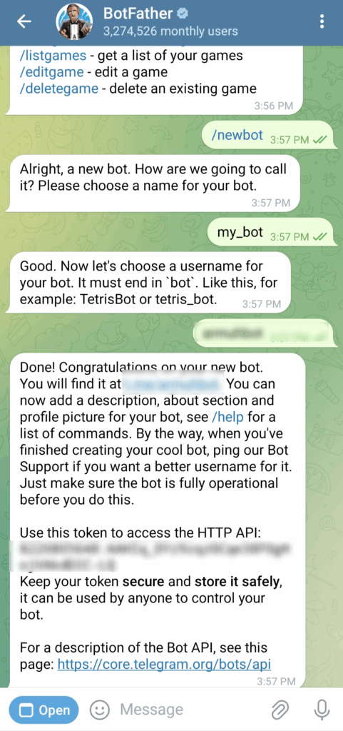 Conversas com @BotFather no Telegram para criar um novo bot.
