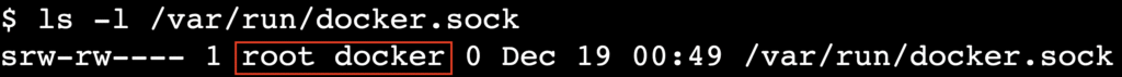 Sa&iacute;da do terminal mostrando o arquivo docker.sock pertencente ao usu&aacute;rio root e ao grupo docker.
