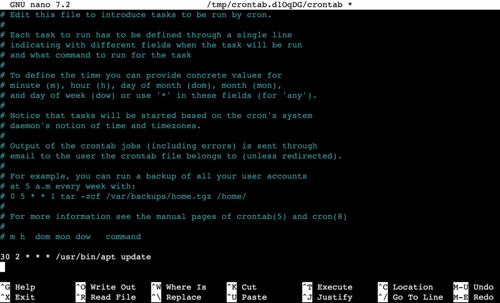 Abra o editor Nano com um arquivo crontab no terminal.