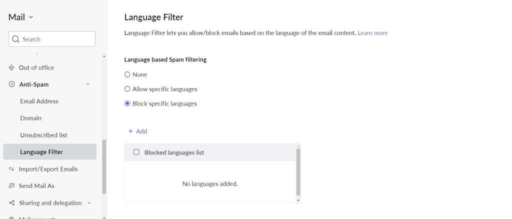 Lista de bloqueio de idiomas no Zoho Mail