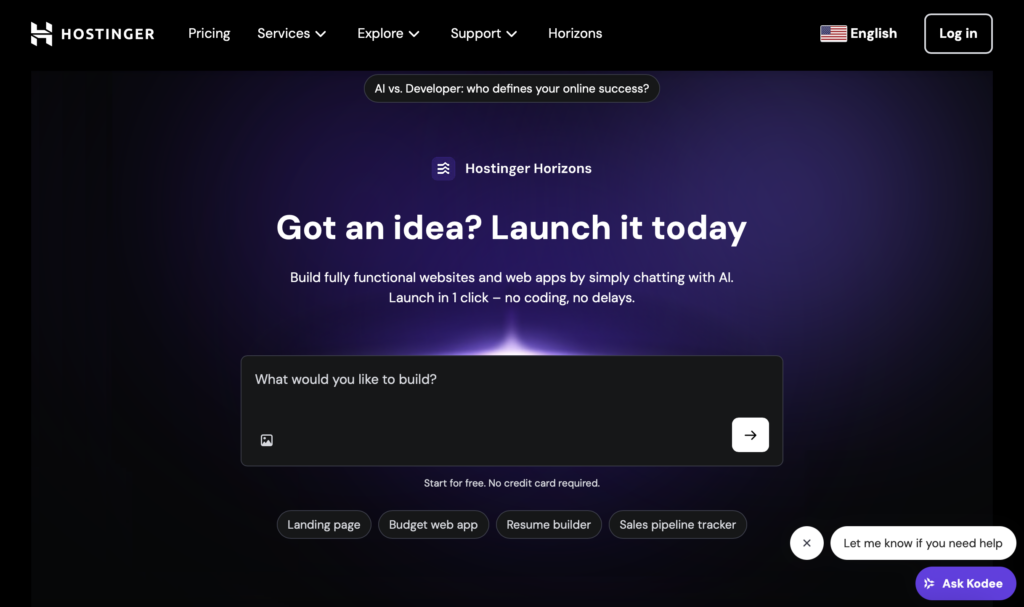 Uma captura de tela do Hostinger Horizons, que &eacute; um exemplo de ferramenta de desenvolvimento de sites e aplicativos com intelig&ecirc;ncia artificial.