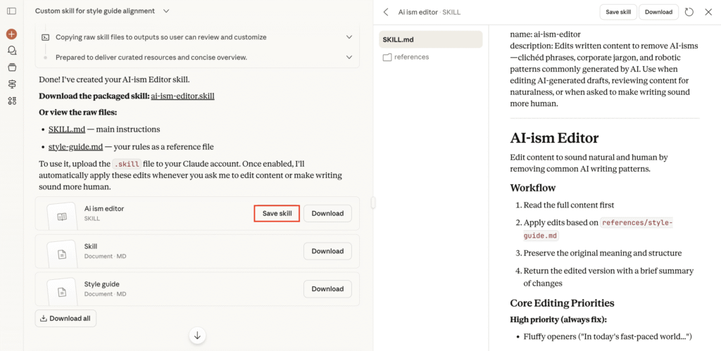 Chat onde Claude gera a habilidade ai-ism-editor a partir de regras do usu&aacute;rio.
