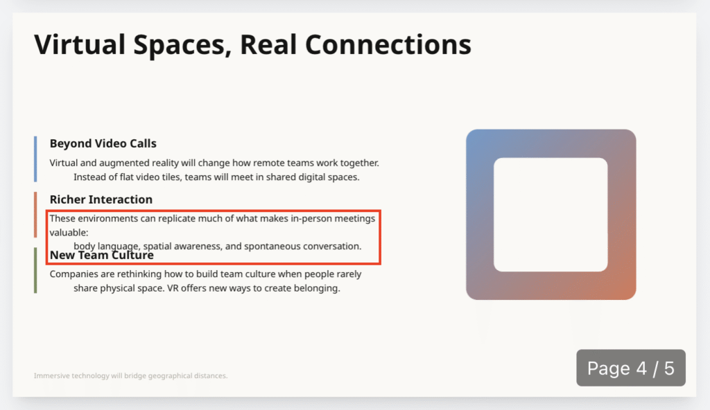 Pr&eacute;-visualiza&ccedil;&atilde;o mostrando texto sobreposto e problemas de alinhamento no slide da apresenta&ccedil;&atilde;o.