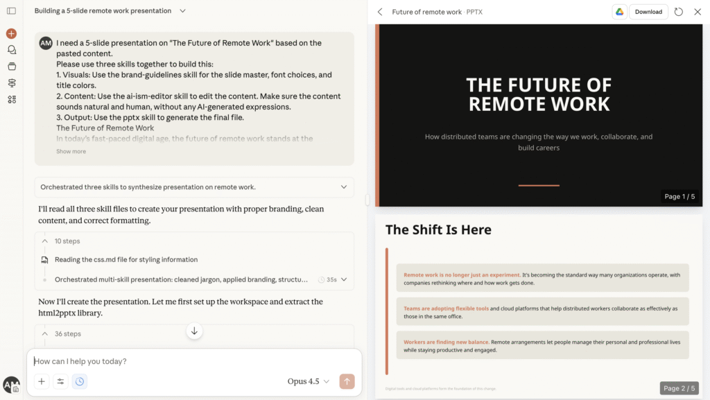 Use tr&ecirc;s habilidades para criar uma apresenta&ccedil;&atilde;o de cinco slides sobre trabalho remoto.