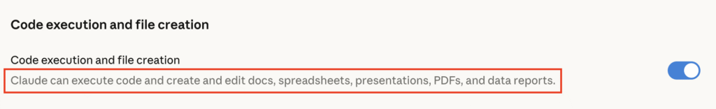 Configura&ccedil;&otilde;es do Claude mostrando a execu&ccedil;&atilde;o de c&oacute;digo habilitada para a cria&ccedil;&atilde;o de documentos.
