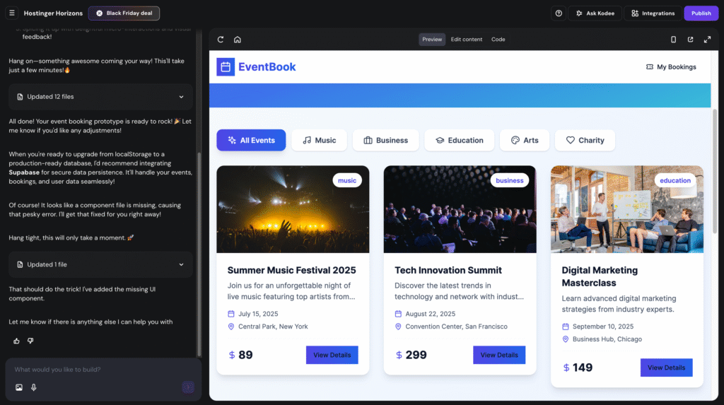 Interface do editor de aplicativos web do Hostinger Horizons