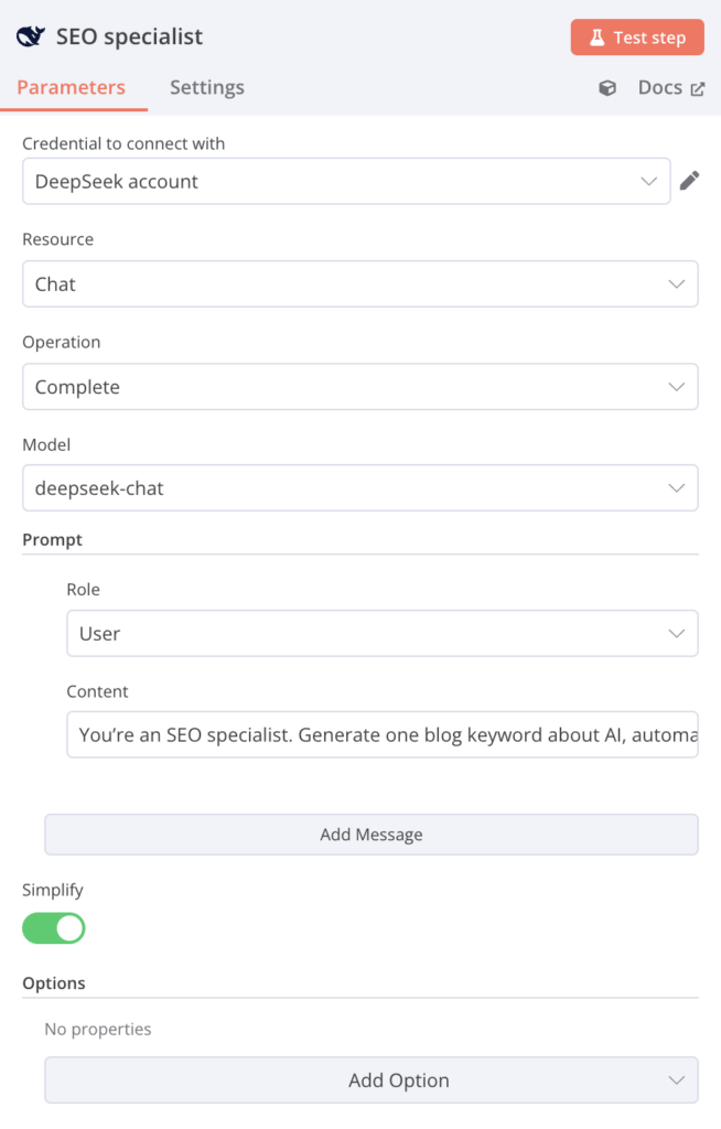 Diálogo de configuração do especialista em SEO DeepSeek no n8n