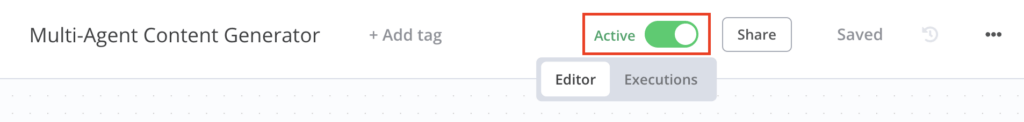 O botão de ativação na tela do editor de fluxo de trabalho n8n