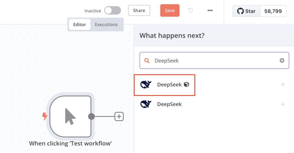 O nó DeepSeek na tela do editor de fluxo de trabalho n8n