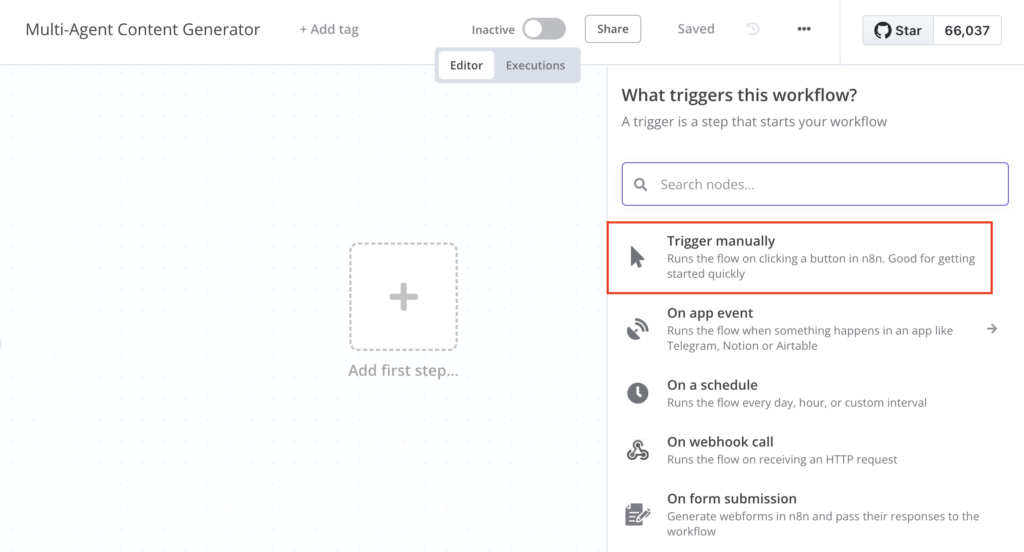 A op&ccedil;&atilde;o Acionar manualmente na tela do editor de fluxo de trabalho n8n
