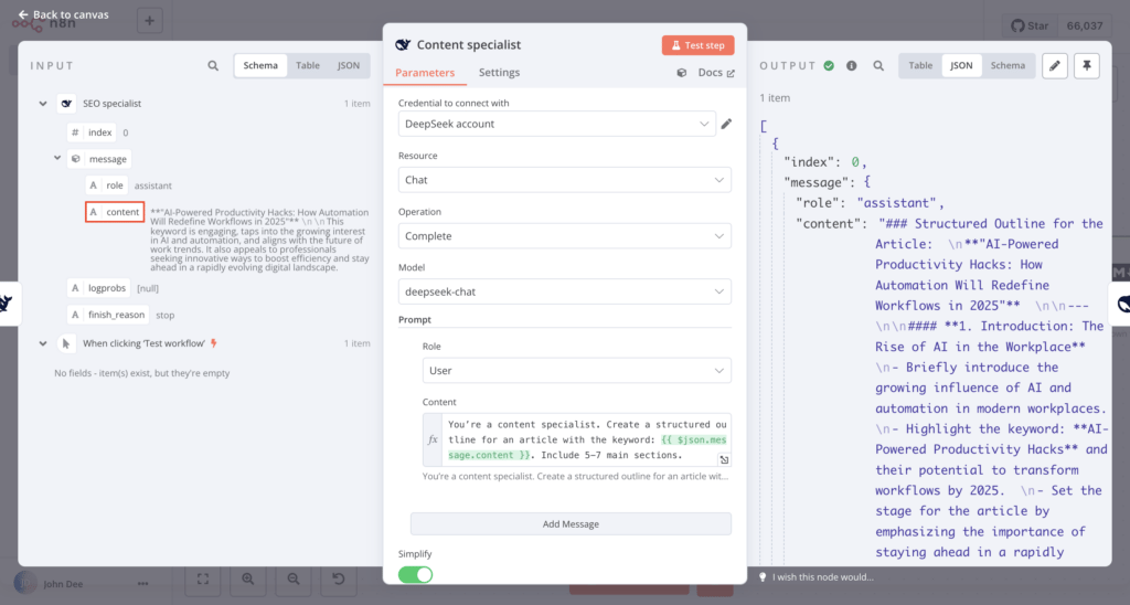 O painel de entrada, diálogo de configuração e painel de saída do nó especialista em conteúdo DeepSeek no n8n.