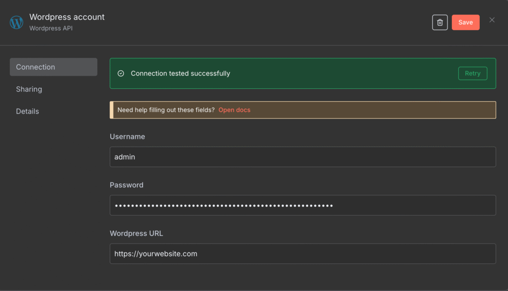 Menu de configura&ccedil;&atilde;o de credenciais do n&oacute; WordPress