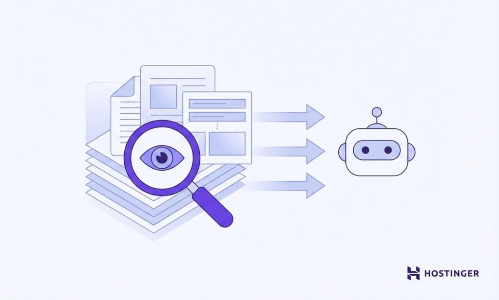 Uma ilustração mostrando uma lupa sobre documentos, com dados fluindo para um robô, representando análise de informações e automação.