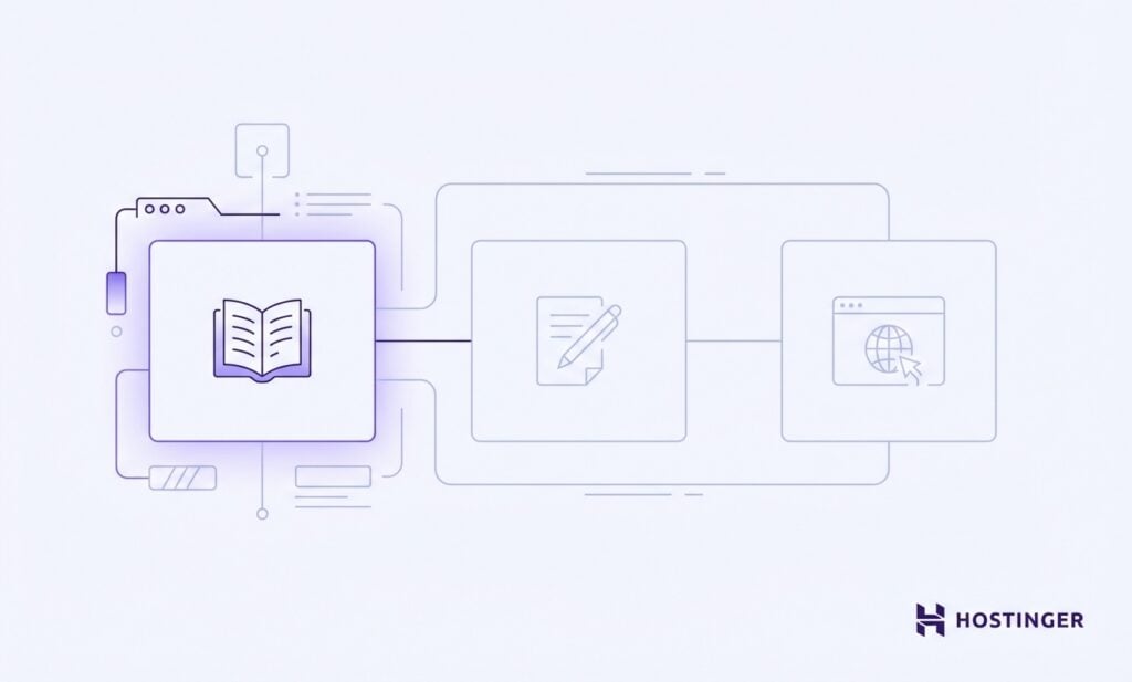 Ilustração representando um ícone de livro associado a ícones de edição de documentos e navegação na web, com um design moderno e minimalista.
