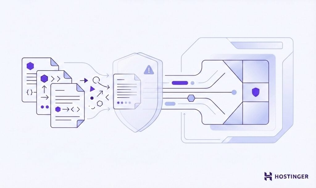 Ilustração abstrata mostrando documentos com código fluindo através de um escudo para uma grade segura. Enfatiza a cibersegurança e a proteção de dados.