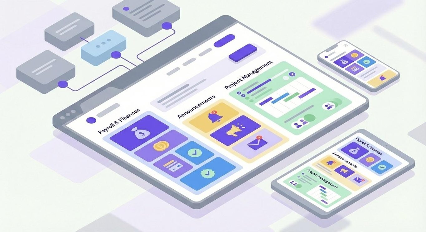 Ilustra&ccedil;&atilde;o de um portal do colaborador exibindo se&ccedil;&otilde;es de folha de pagamento e finan&ccedil;as, comunicados e gerenciamento de projetos. 