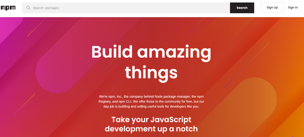 P&aacute;gina inicial do gerenciador de pacotes do Node (npm)