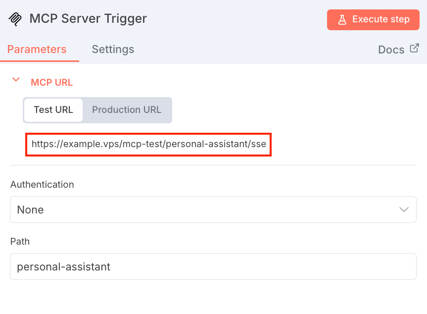 O nó n8n MCP Server Trigger, com seu campo exclusivo de URL de Teste destacado para cópia.