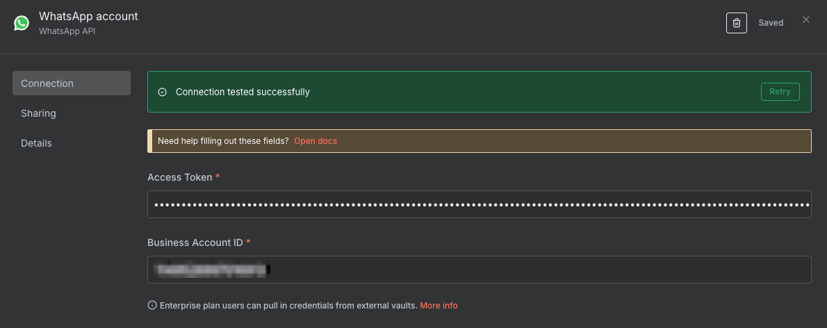 A janela de cria&ccedil;&atilde;o de credenciais da API do WhatsApp com uma mensagem confirmando uma integra&ccedil;&atilde;o bem-sucedida.