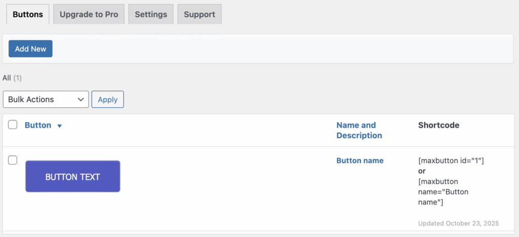 A lista de botões existentes no menu Botões do MaxButtons