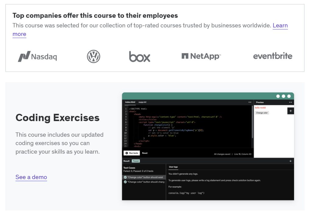 P&aacute;gina do curso de exerc&iacute;cios de programa&ccedil;&atilde;o da Udemy