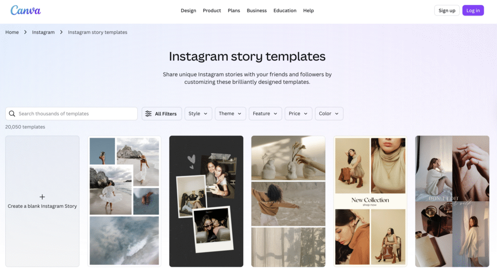 Uma p&aacute;gina web que apresenta diversos modelos de stories do Instagram para personaliza&ccedil;&atilde;o, com layouts e estilos de design variados.