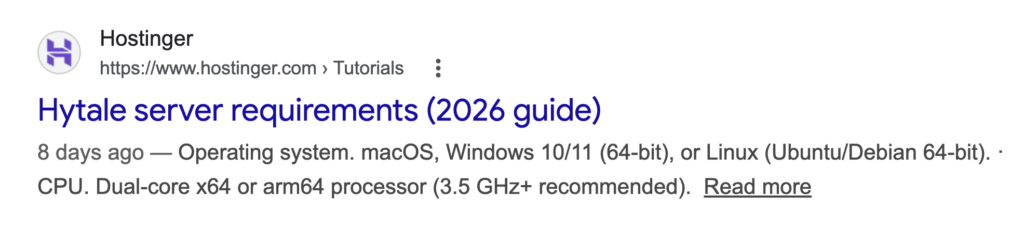 Resultado da pesquisa do Google mostrando tutorial da Hostinger com título e meta descrição.