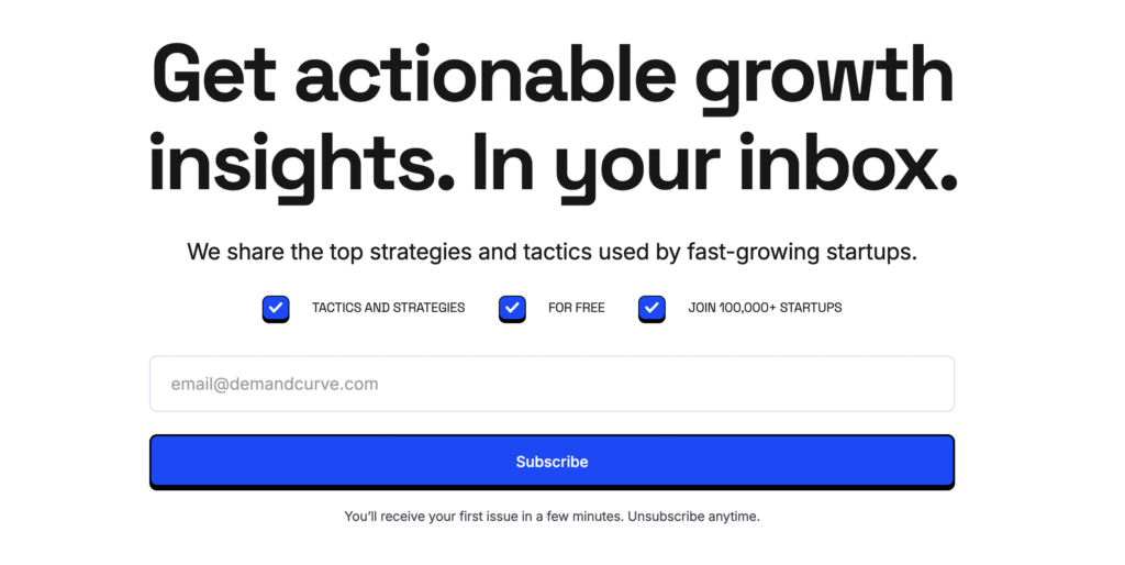 P&aacute;gina de inscri&ccedil;&atilde;o na newsletter da DemandCurve