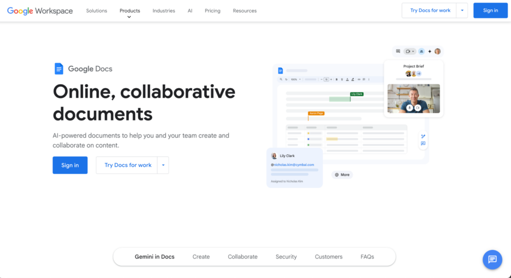 Página inicial do Google Docs